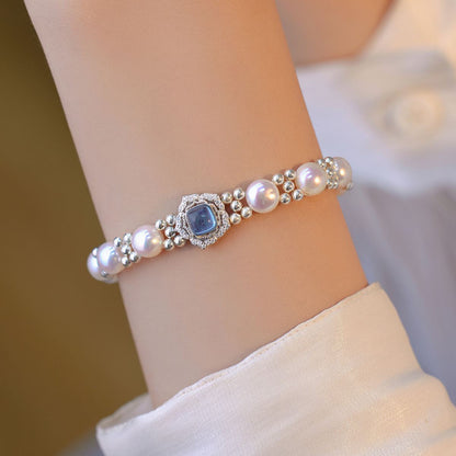 Modern Blue Sterling Silver Overgild Inlaidgem Stone Pearl Chain Bracelet
