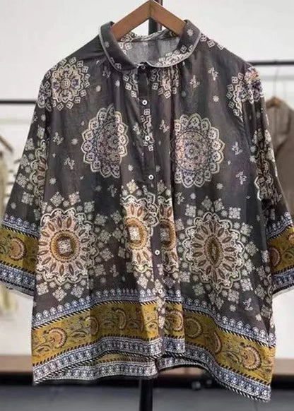 Peter Pan Collar Print Button Linen Shirt Tops Long Sleeve