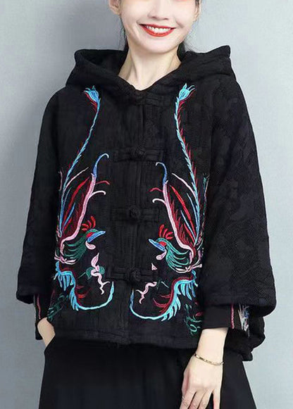 Red Embroidered Chinese Button Hooded Warm Fleece Coat Spring