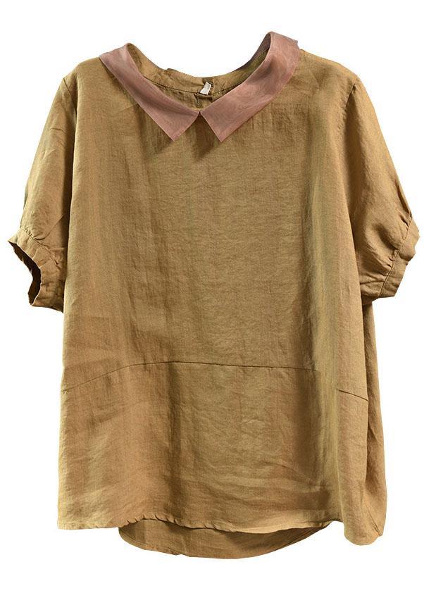 Khaki Patchwork Turn-down Collar Summer Short Sleeve Top