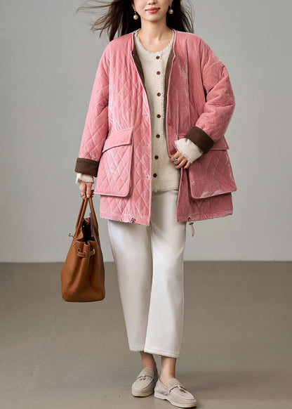 Pink Plaid Fine Cotton Filled Silk Velvet Jackets Winter