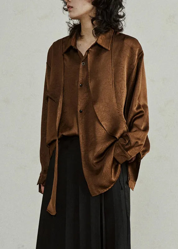 Brown Shirt Ribbon Peter Pan Collar Fall