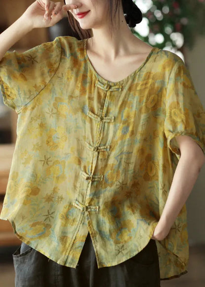 Yellow O-neck Button Linen Short Sleeve