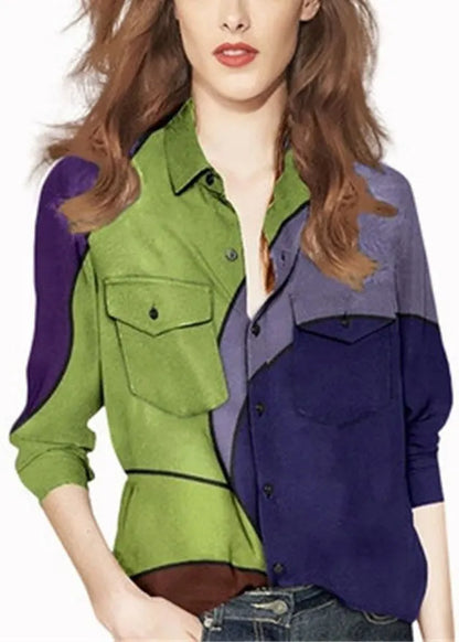 Colorblock Peter Pan Collar Button Pocket Print Shirt Long Sleeve