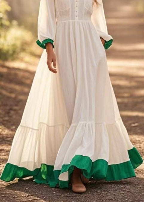 White Patchwork Exra Large Hem Cotton Long Dress Spring