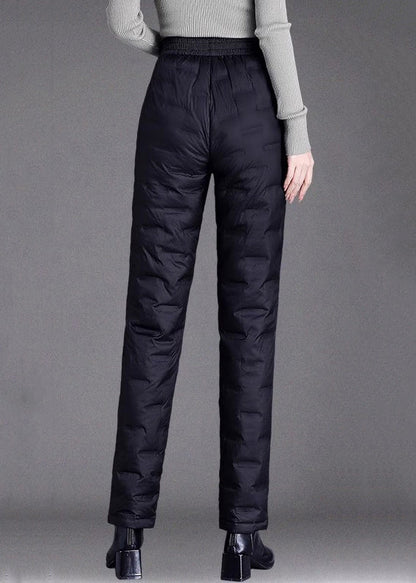 Black Elastic Waist Thick Duck Down Filled Straight Pants Plaid