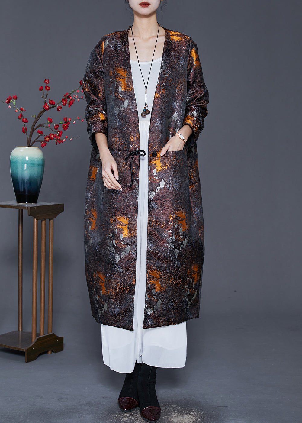 Brown Oversized Print Cotton Filled Silk Coat Outwear Spring