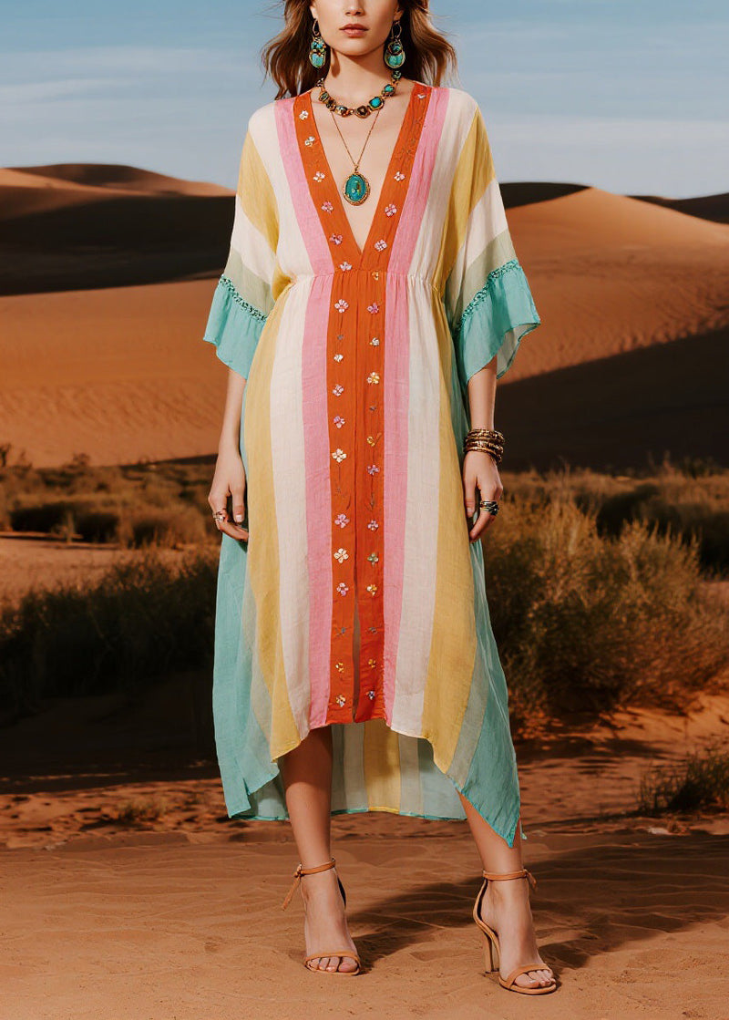 Original Design Colorblock V Neck Cotton Dresses Summer