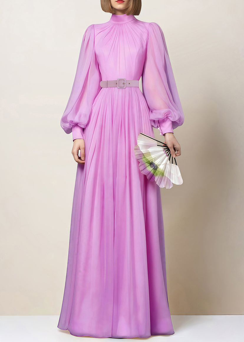 Pink Zippered Wrinkled Chiffon Maxi Dresses Fall