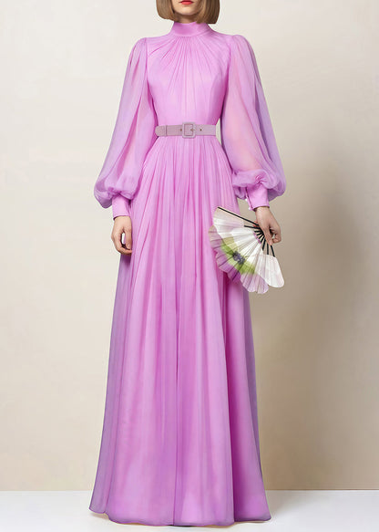 Pink Zippered Wrinkled Chiffon Maxi Dresses Fall