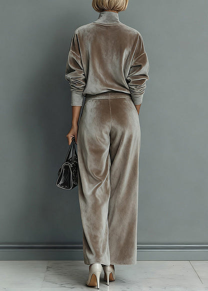 Loose Grey Turtleneck Pockets Tops and Pants Silk Velvet Two Pieces Set Spring