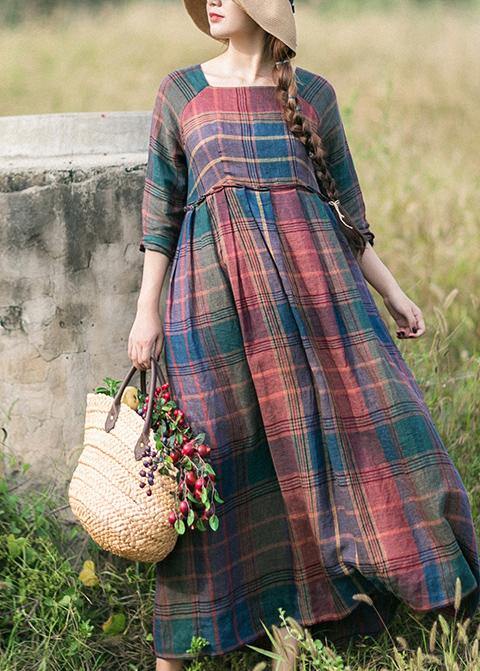 Red Plaid Clothes for Wrinkled Robe Spring Dress