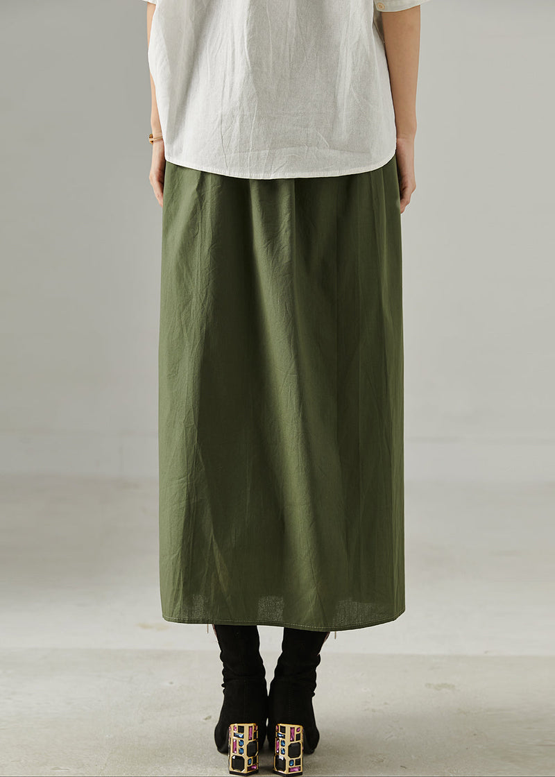 Green Patchwork Cotton a Line Skirt Elastic Waist Fall