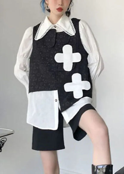 Black Print Asymmetrical Design Fall Vest