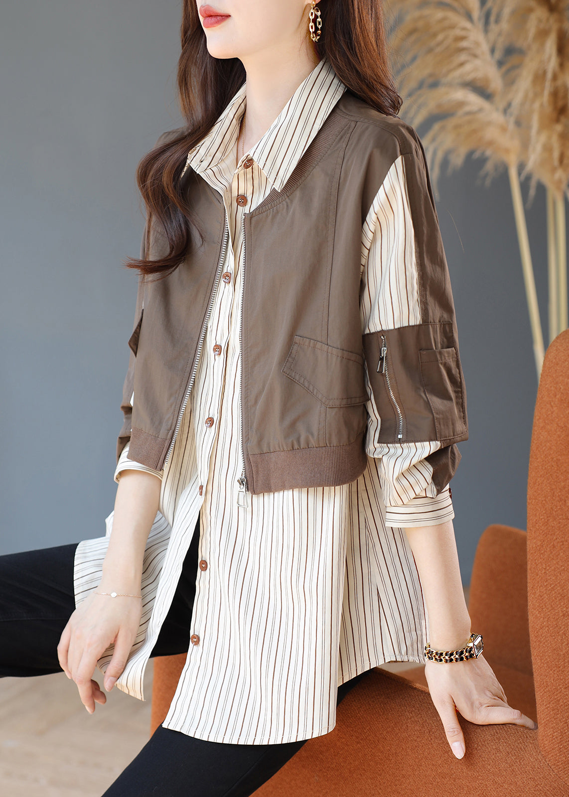 Khaki Striped Patchwork Cotton Fake Two Piece Shirt Top Spring