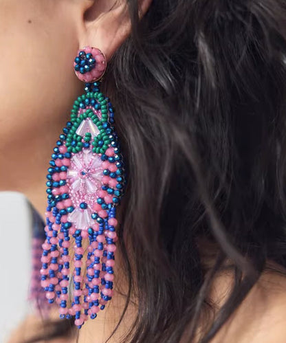 Rainbow Weave Crystal Beading Tassel Drop Earrings