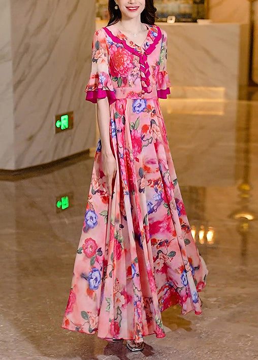 Pink Ruffled Print Chiffon Long Dress Summer