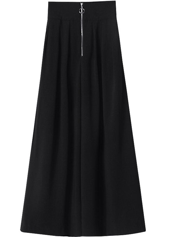 Black Zip Up Pockets Cotton Wide Leg Pants Spring
