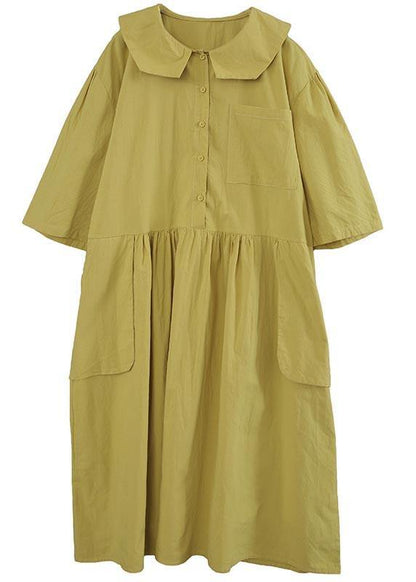 Yellow Peter Pan Collar Button Pockets Long Dresses Summer Cotton