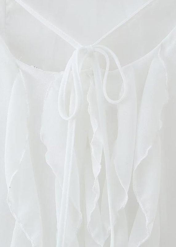 White Ruffled Backless Lace Up Chiffon Maxi Dress Sleeveless