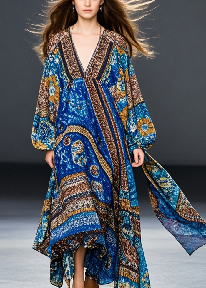 Blue Oversized Print Cotton Maxi Dresses Fall