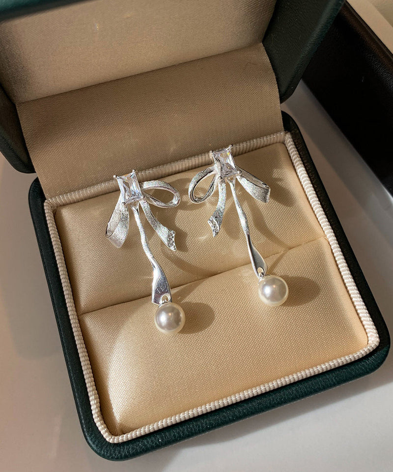 Silvery Bow Metal Pearl Pendant Fine Zircon Drop Earrings