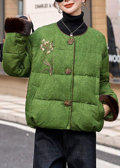 Green O-neck Embroidered Duck Down Jacket in Winter