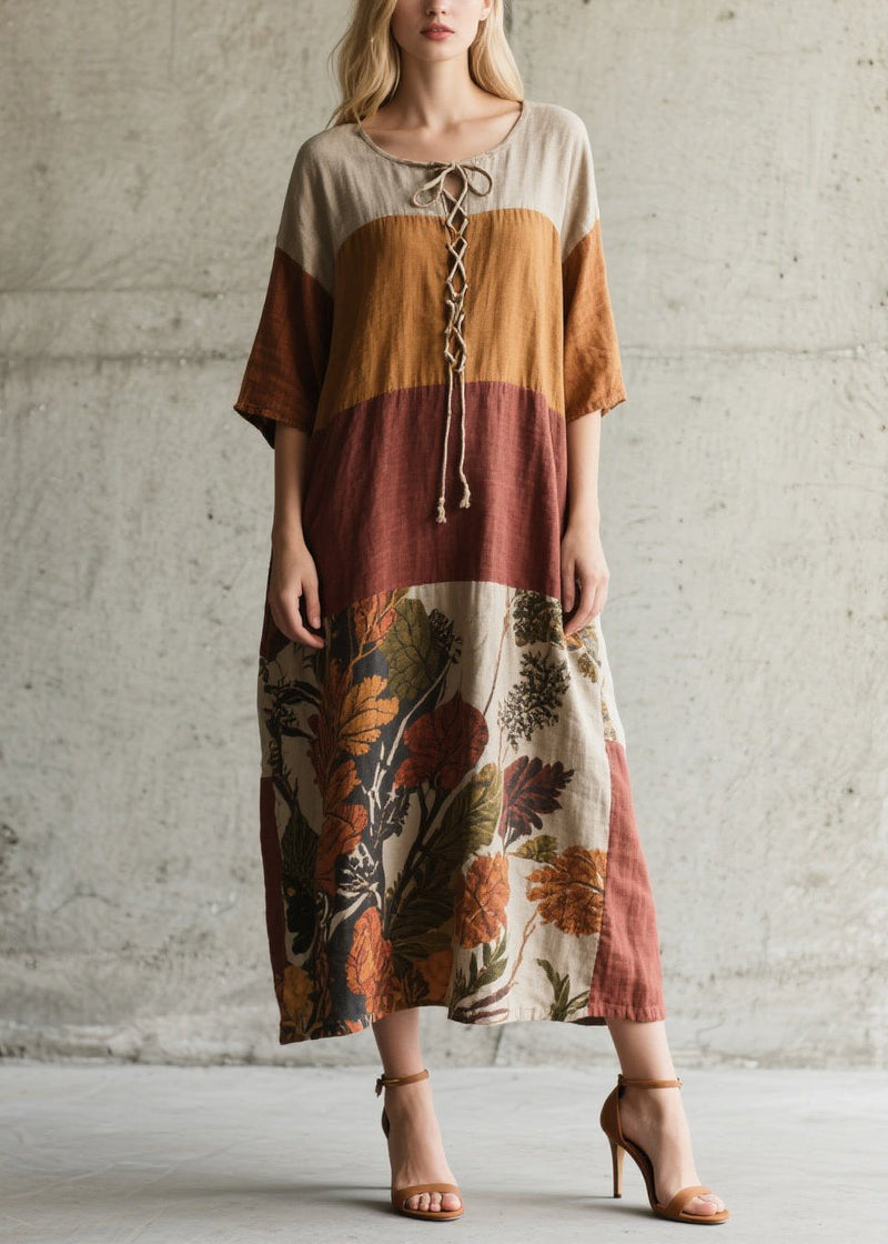 Fitted Colorblock Cross Strap Print Cotton Robe Dress Summer