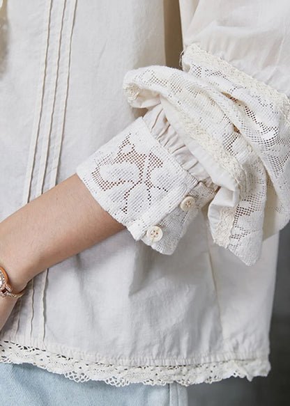 White Patchwork Lace Cotton Shirt Tops Wrinkled Spring