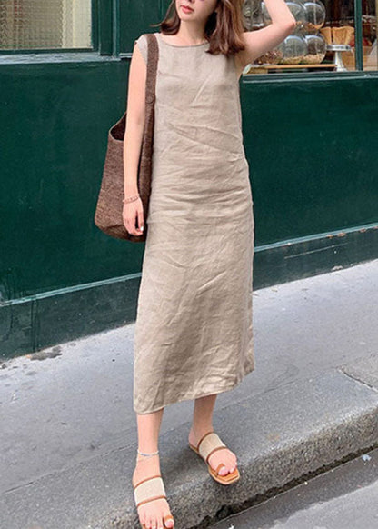 French Camel Asymmetrical Linen Long Dress Sleeveless Summer