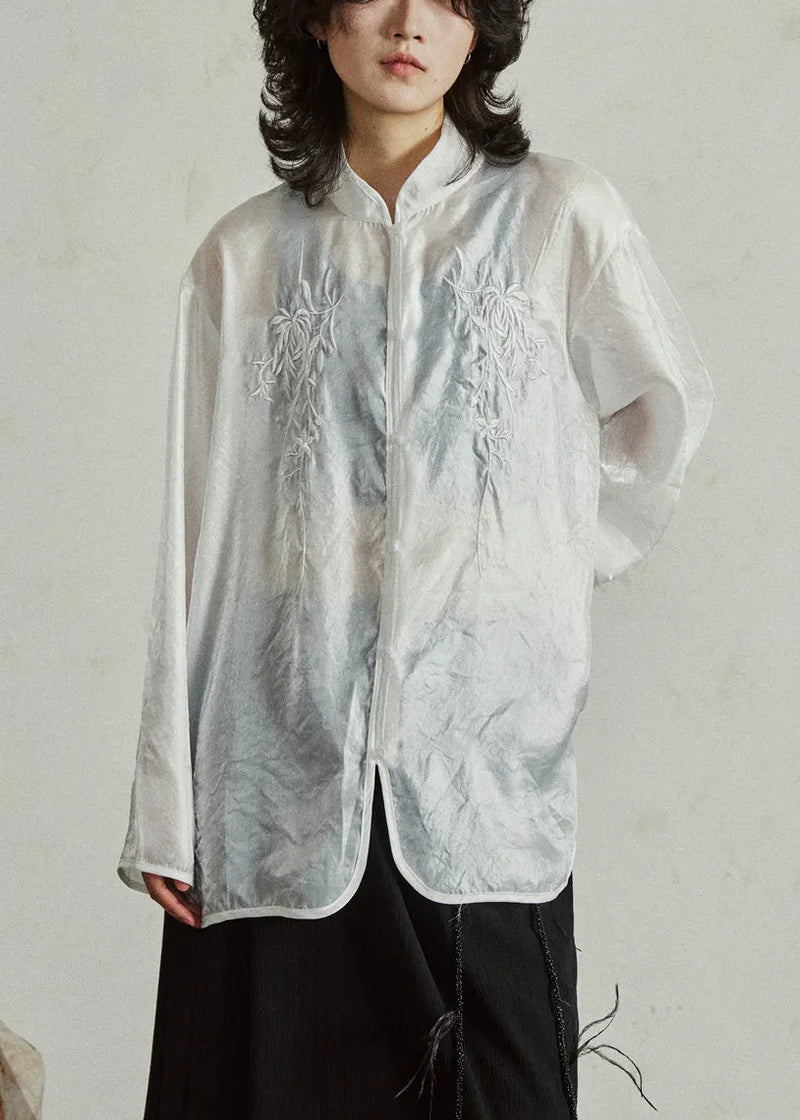 Chinese Style White Embroidered Button Organza Shirts Long Sleeve