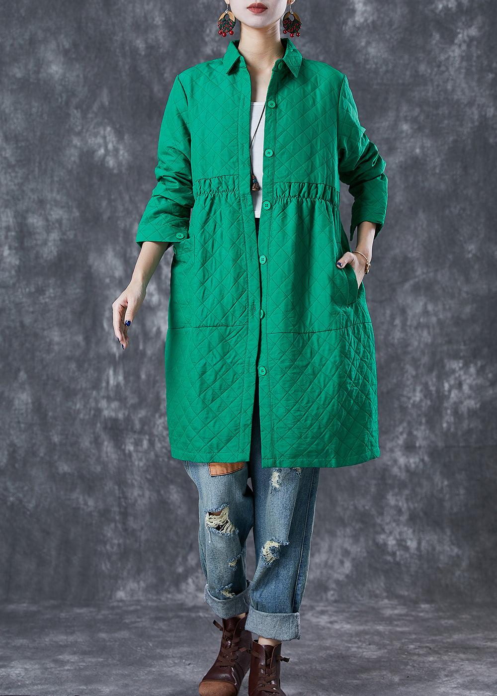 Green Peter Pan Collar Plaid Cotton Coat Fall