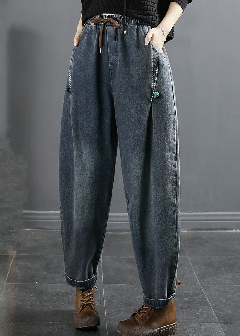 Blue Pockets Patchwork Elastic Waist Cotton Denim Harem Pants Fall