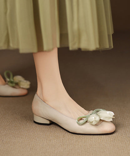 Green Bow Splicing Cowhide Leather Flat Shoes