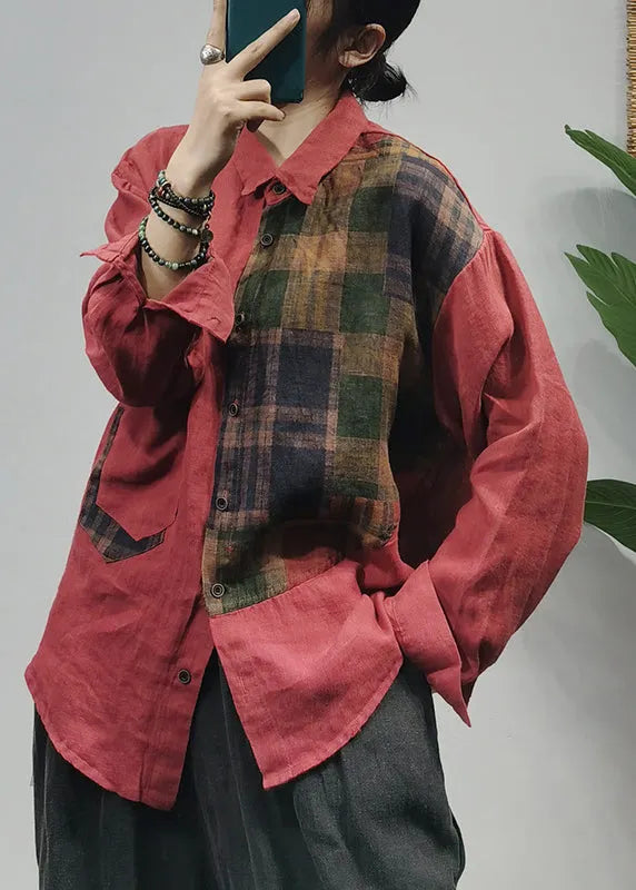 Green Button Peter Pan Collar Plaid Patchwork Linen Blouse Top Long Sleeve
