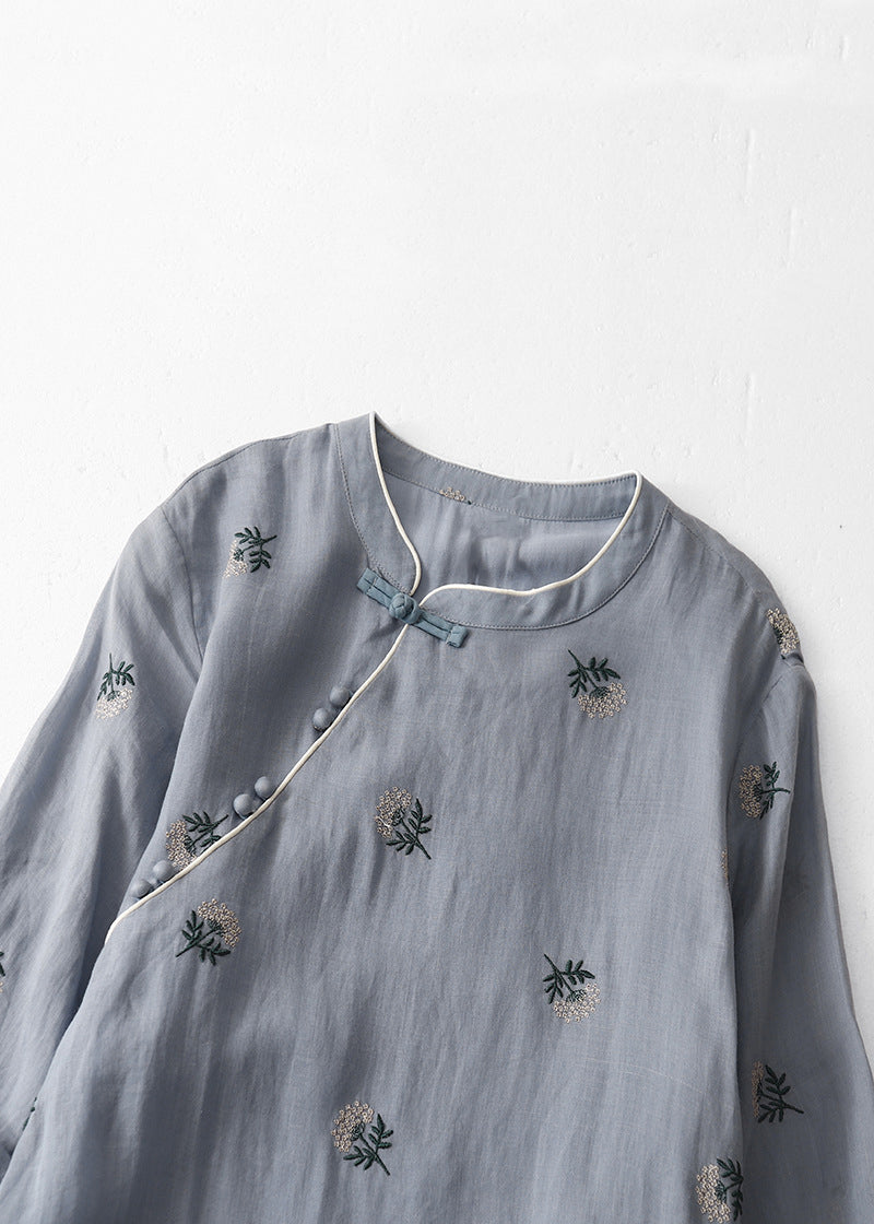 Grey Embroidered Button Cotton Dresses Half Sleeve Summer