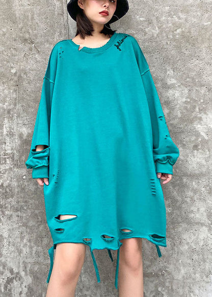Simple Blue O-neck Loose Hole Fall Sweatshirt Street Wear