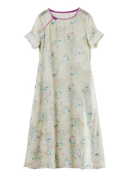 Boutique Khaki Print Side Open Vacation Summer Linen Dress
