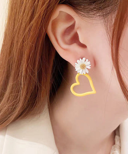 Yellow Alloy Baked Enamel Asymmetrical Love Stud Earrings