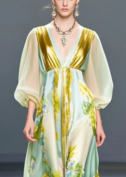 Light Green V Neck Print Silk Holiday Dress Fall