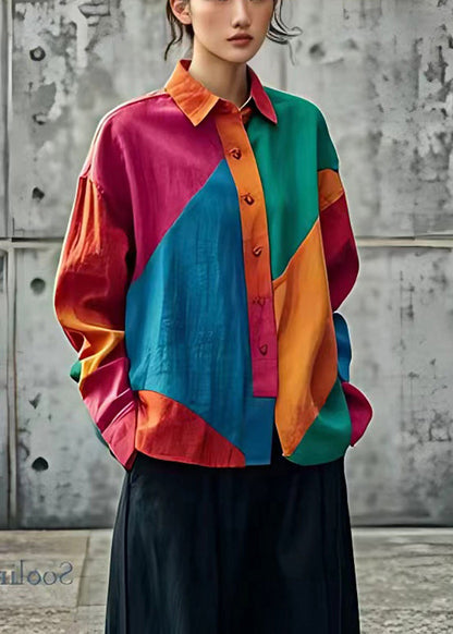 Colorblock Oversized Patchwork Linen Top Spring