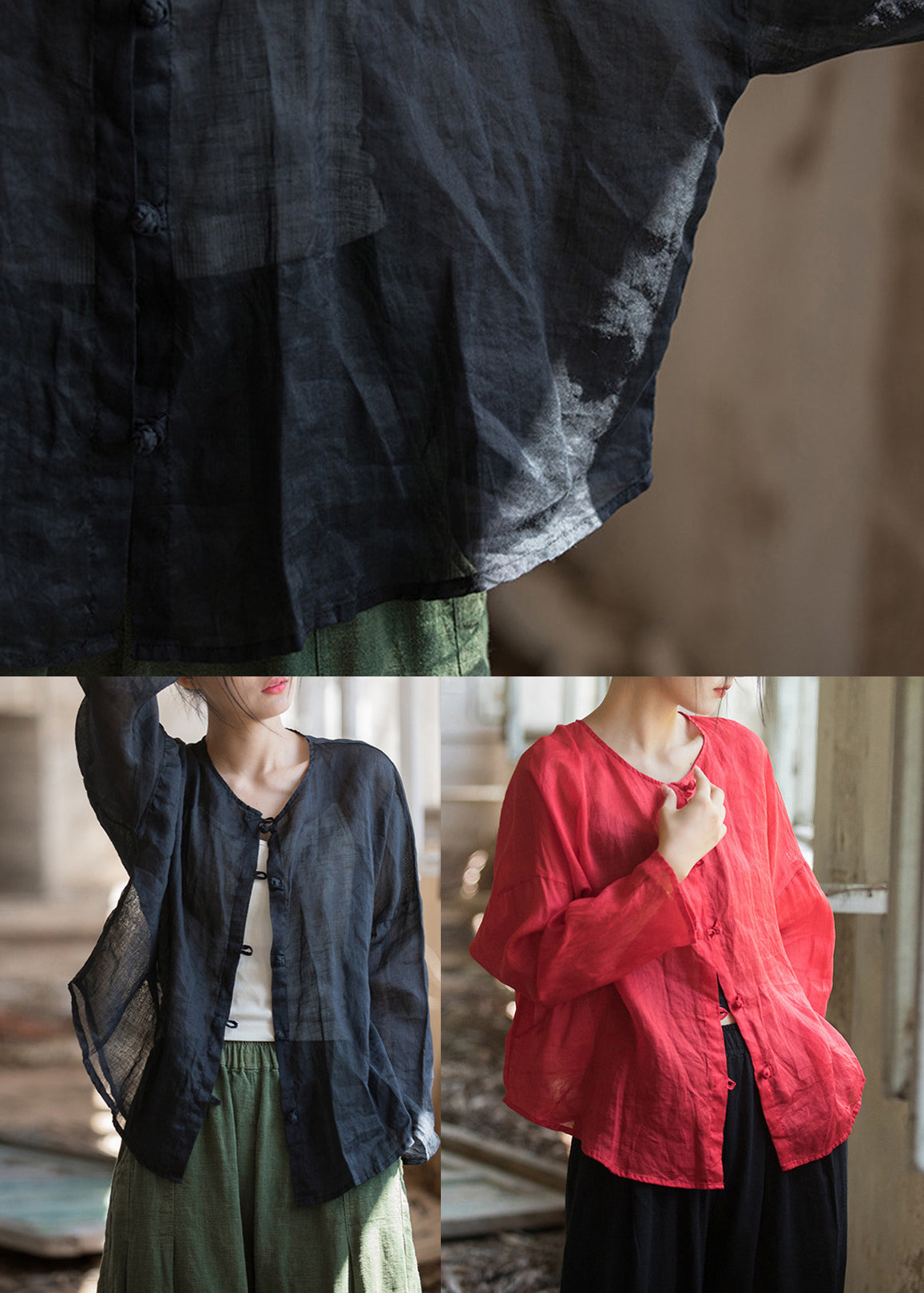 Red Loose Linen Shirts O-neck Button Down Fall