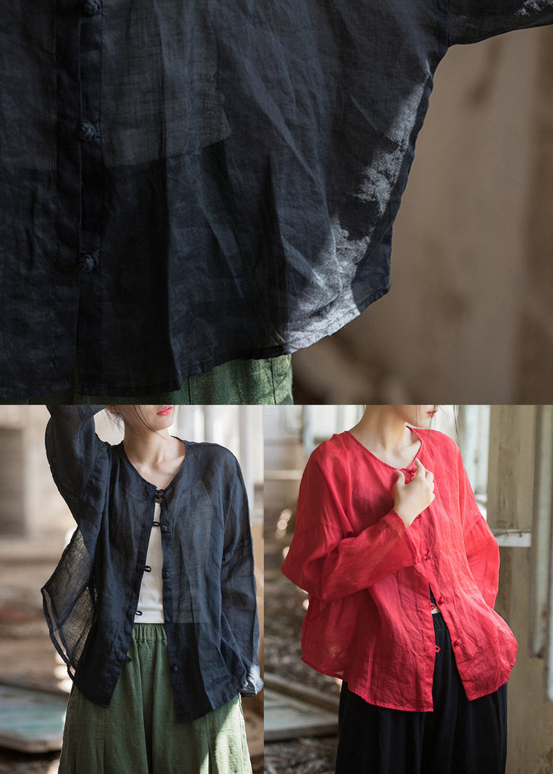 Black Oversized Button Down Linen Shirt Tops Fall