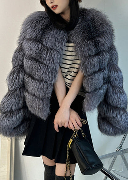 Grey Patchwork Leather and Fur Jacket Winter