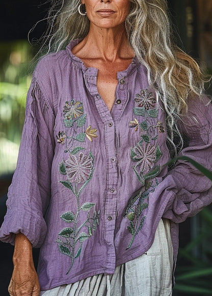 Loose Purple O-neck Print Button Cotton Shirt Spring