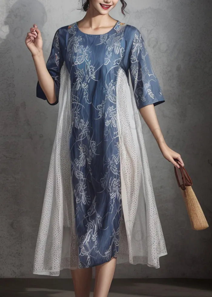 Italian Navy Oversized Patchwork Cotton Vacation Dresses Summer