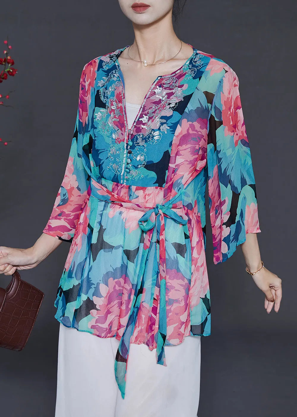 Blue Sequins Print Chiffon Shirt Top Summer