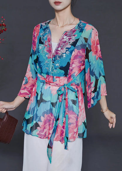 Blue Sequins Print Chiffon Shirt Top Summer