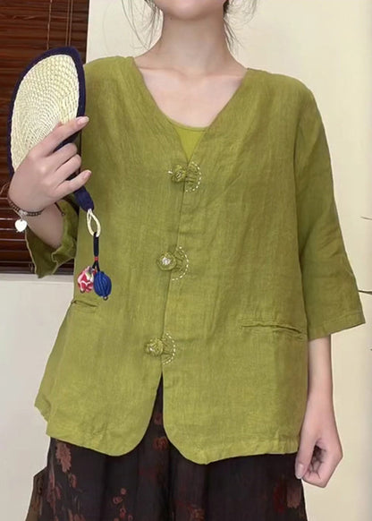 Original Design Blackish Green V Neck Button Linen Shirt Top Half Sleeve