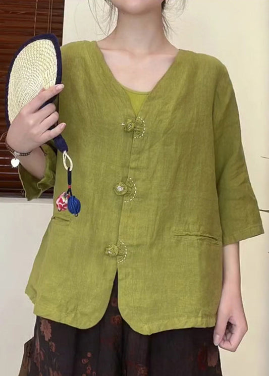 Original Design Blackish Green V Neck Button Linen Shirt Top Half Sleeve